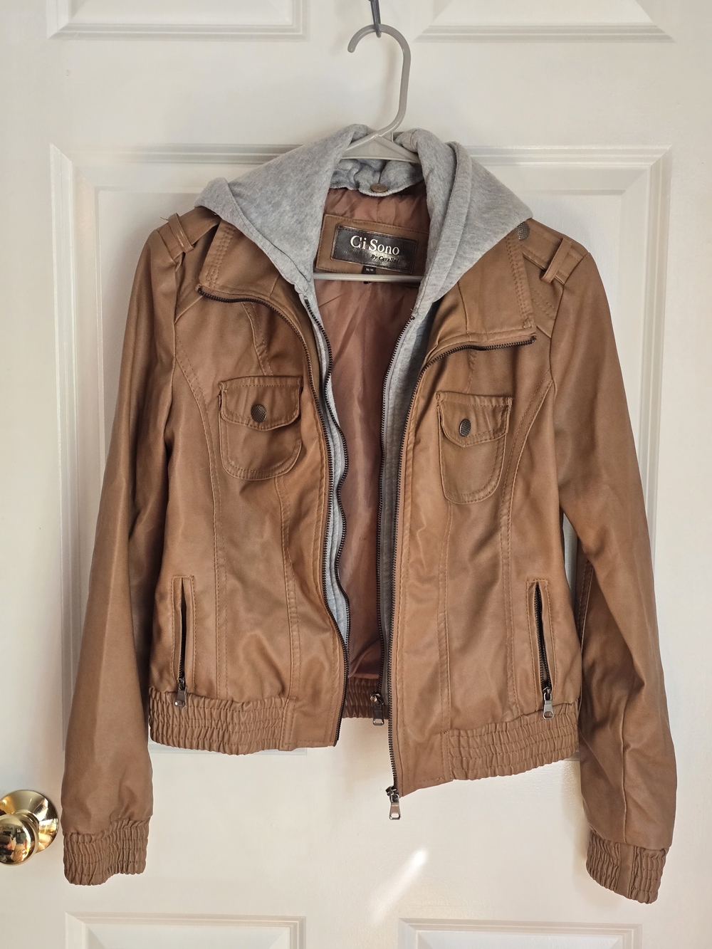 Ci Sono Women's Tan Faux-Leather Jacket with Removable Gray Hooded Liner